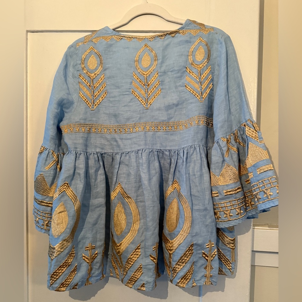 Greek Archaic Kori 100% Linen Top blue gold - Picture 8 of 10